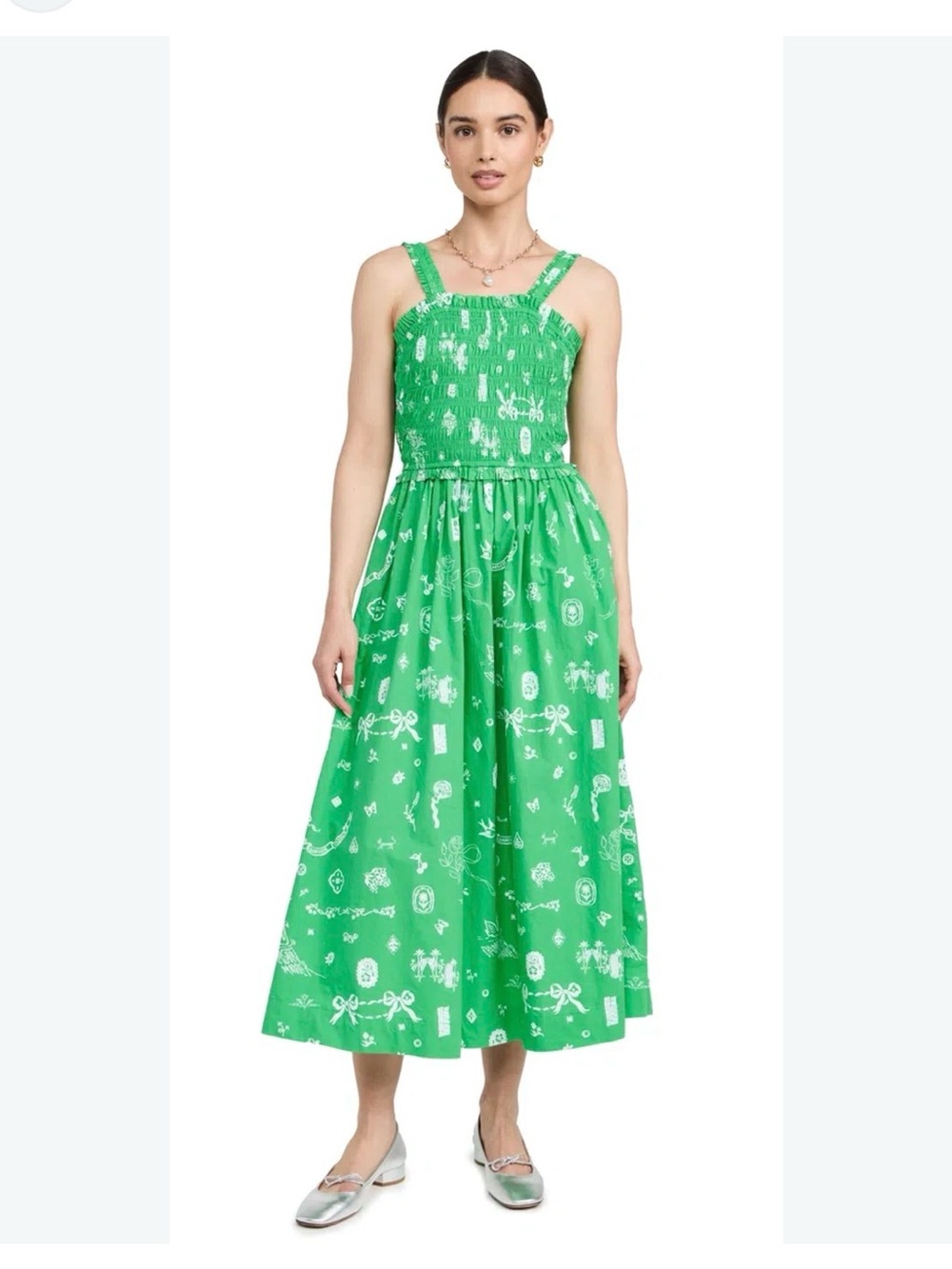 Green Printed Smocked Midi Dress with Adjustable Straps damson Madder size s
